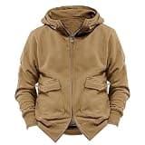 Men Two-Way Zipper Sweatshirt Stylish Vintage Distressed Tactical Shirts Acid Washed Long Sleeve Pullover Khaki
