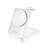 Foldable 3-in-1 15W Fast Wireless Charger with Adjustable Ambient Night Light, Portable Travel Charging Stand, Magnetic Magsafe Charging Station for iPhone 17/16/15/14, Apple Watch, AirPods, White