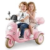 HEIMILI 12V 2-Seater Ride on Motorcycle for Kids, 3 Wheel Electric Motorbike with Dual 25W Motors, Toddler Moped Scooter with Bluetooth Music, Battery Powered Toy for Girls Boys 3-6 Years, Pink