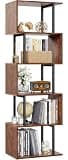 Furologee 6 Tier Bookshelf, Tall S Shaped Geometric Bookcase, Modern Display Shelf Standing Unit, Wood Metal Decorative Divider Rack for Living Room Bedroom Office, Rustic Brown