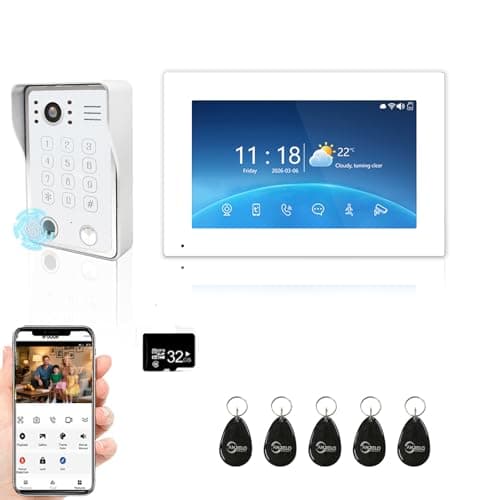 4-Wire Video Apartment Door Phone System,7Inch Touch Monitor, 1080P Doorbell Camera,Support RFID Card Password,Fingerprint Unlock,Motion Detection,Digital Frame for Home Villa (White(1 Monitor))