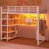 UPOSOJA Loft Bed Twin Size with L Shape Desk,4 Drawers,3-Tier Storage Shelves Metal Loft Bed Frame with Power Outlet and LED Lighted,No Box Spring Needed,Space-Saving,Noise Free,White