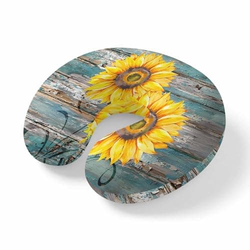ZFUNCING Travel Pillows U-Shaped Neck Pillow Watercolor Rustic Sunflower Ergonomic Memory Foam Pillow Head Cushion,Farm Vintage Wood Grain Soft Portable Neck Pillows for Office Airplane Car Train