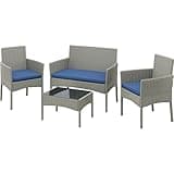 Yaheetech Patio Furniture Set 4 Pieces Conversation Sets, Rattan Chair Wicker Set Loveseat with Soft Cushion and Glass Table for Backyard Porch Garden Poolside Balcony, Gray and Dark Blue