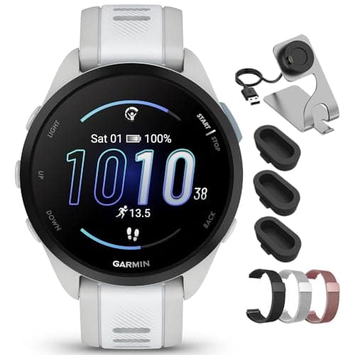 Garmin Forerunner 165 Music Smart Sport Watch Mist Gray + Whitestone 010-02863-31 Bundle with Deco Essentials 20mm Milanese Band 3 Pack, Charging Dock and Silicone Dust Cover 3 Pack
