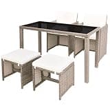 WDSAYREH Rattan Dining Set with Cushions, 5 Piece Patio Dining Set Including 1 Table, 2 Chairs, 2 Stools and 6 Cushions, Beige Outdoor with Glass Top