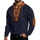 Men Lace Up Medieval Shirt Stand Collar Long Sleeve Loose Fit Tunics Vintage Renaissance Pirate Costume Shirts Navy