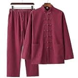 YSVQHHDV Men's Meditation Outfit Spring Autumn Comfortable Breathable Cotton Linen Prayer Clothing Christmas Halloween Birthday Gift (Wine red,3XL)