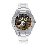 FekiLoot Camouflage Deer Watches for Men Big Face Stainless Steel Analog Quartz Watch Business Dress Wristwatch Casual Wrist Watch Easy to Read Gifts for Husband Father