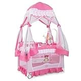 Pemberly Row Portable Baby Crib, Multifunctional 4-in-1 Design, Pink Finish, Includes Bassinet, Changing Pad, Canopy, Mosquito Net, Foldable Playpen, Lightweight for Home or Travel Use