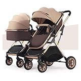 Foldable Twin Tandem Stroller,Convertible Compact Twin Stroller for Infants and Toddlers,Detachable Double Pushchair with Adjustable Canopy(Khaki)