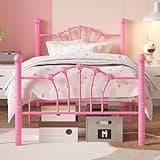 VECELO Twin Size Bed Frame, Heavy-Duty Metal Bedframe with Shell Pattern Design Headboard & Footboard, No Box Spring Needed & Easy Assembly, Pink