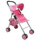 The New York Doll Collection My First Doll Stroller with Basket, Foldable Doll Stroller (Pink Quilted)