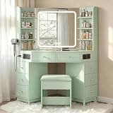 Corner Vanity Desk with Build-in Speaker, Vanity with 8 Drawers, 6 Shelves, Charging Station, Makeup Vanity with Mirror and Led Lights, 3 Color Lighting Modes, Vanity Table for Bedroom, Green