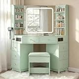 Corner Vanity Desk with Build-in Speaker, Vanity with 8 Drawers, 6 Shelves, Charging Station, Makeup Vanity with Mirror and Led Lights, 3 Color Lighting Modes, Vanity Table for Bedroom, Green
