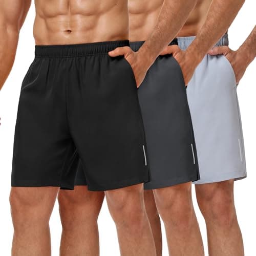 MIER 3 Pack 7 Inch Mens Athletic Running Shorts Dry Fit Workout Training Shorts with Pockets, Black/Dark Grey/Light Grey, 2XL