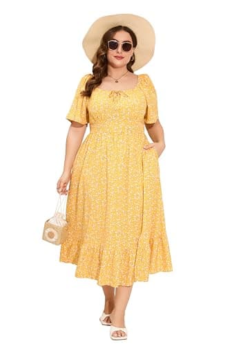 ShopWonder Womens Plus Size Square Neck Floral Print Summer Dress Ruffle Short Sleeve Tie Front Slit Hem Boho Maxi Dress Yellow White Flower XL