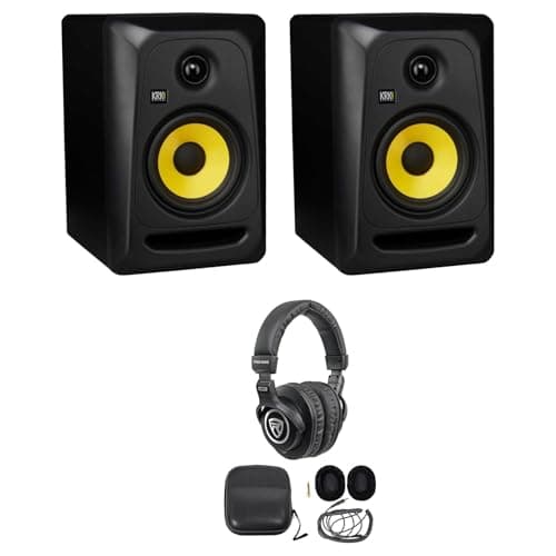 Audiosavings Bundle: (2) CLASSIC 5 Studio Monitor 5" Nearfield Active Powered Bi-Amped 2-Way Speakers Bundle with Rockville PRO-M50 Studio Headphones+Detachable Coil Cable+Case+Extra Ear Pad (3 Items)