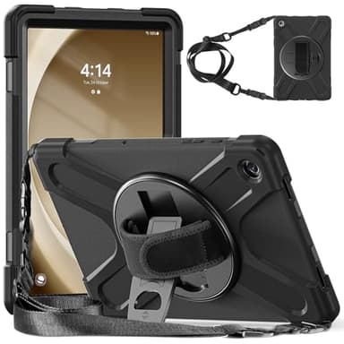 SLLMYYX Case for Samsung Galaxy Tab A9+ 11.0 inch SM-X210/SM-X215/SM-X216, 360 Rotating Hand Strap Shockproof Protective Cover with Shoulder Strap, Black