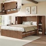 AMERLIFE Queen Murphy Bed with Storage Bedside Shelves & Sliding Tambour Door, Modern Cabinet Bed with Charging Station & Curved Fluted Design for Bedroom/Guest/Home Office, Brown
