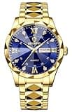 Gosasa Luxury Men's and Women's Business Diamond Stainless Steel Waterproof Roman Numeral Analog Quartz Watch with Day-Date Calendar, Gold and Silver Tone (Gold Blue, Men)