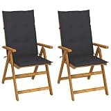 WRJENFSC Garden Chair Set of 2 Gray Cushion Solid Acacia Wood Adjustable Backrest Folding Outdoor Patio Furniture for Balcony Deck Backyard