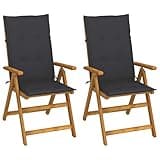 WRJENFSC Garden Chair Set of 2 Gray Cushion Solid Acacia Wood Adjustable Backrest Folding Outdoor Patio Furniture for Balcony Deck Backyard