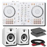 Pioneer DDJ-FLX4-W White 2-Channel DJ Controller Bundle with DM-50D-W 5-Inch Active Monitors, Isolation Pads, and RCA Cable — Smart Fader Wired Desktop DJ Set for Beginners, Mobile DJ, Streaming
