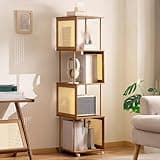 3/4/5 Tier Narrow Corner Bookshelf Bookcase with Breathable Rattan Side Panels, Wooden Open Storage Shelf with Wheels, Decorative Display Rack for Living Room, Bedroom