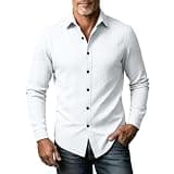 Men Jacquard Collared Button Down Shirt Slim Fit Long Sleeve Dress Shirts Business Casual Work Tops with Pocket White