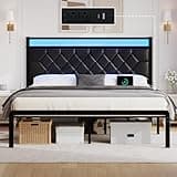 King Bed Frame with LED Light, Platform Bed Frame with PU Leather Upholstered Headboard, Bed Frame with Portable Charging Station, No Box Spring Needed, Under-Bed Storage, Noise-Free, Easy Assembly