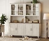 WAMPAT 72" Tall Bookcase with Glass Doors & Wood Cabinets Set of 3, Large Farmhouse Display Book Shelf with Bar Cabinet, Library Wood Bookshelves for Living Room,Kitchen, Rustic White