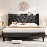 koorlian Queen Bed Frame with Headboard, Adjustable Upholstered Platform Bed Frame with Type-C&USB Ports, Wingback Storage Headboard, Solid Wood Slats Support, No Box Spring Needed, Dark Gray