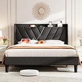 koorlian Queen Bed Frame with Headboard, Adjustable Upholstered Platform Bed Frame with Type-C&USB Ports, Wingback Storage Headboard, Solid Wood Slats Support, No Box Spring Needed, Dark Gray