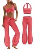Panadila Women 2 Piece Yoga Sets Pilates Outfit Halter Sports Bra Fold Over Flare Leggings Matching Workout Set (Red,S)
