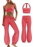 Panadila Women 2 Piece Yoga Sets Pilates Outfit Halter Sports Bra Fold Over Flare Leggings Matching Workout Set (Red,S)