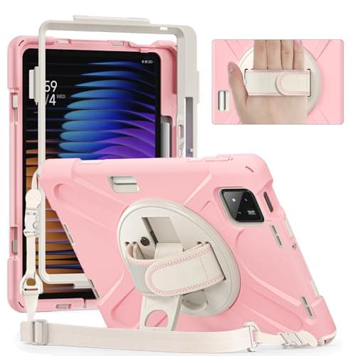 FONREST for Xiaomi-Pad-7/Pad-7-Pro 11.2 inch 2024 Rugged Case with Pencil Holder Swivel Kickstand, Hand Grip, Shoulder Strap, Portable Heavy Duty Hybrid Shock-Proof Protective Armor Cover (Pink)
