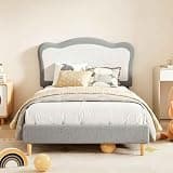 Twin Kids Boucle Platform Bed Frame, RGB LED Storage Headboard with USB