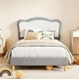 Twin Kids Boucle Platform Bed Frame, RGB LED Storage Headboard with USB