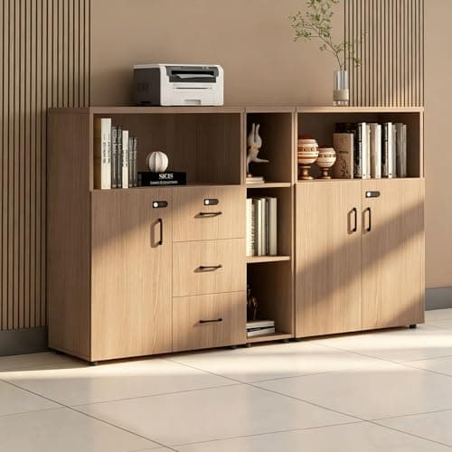 HSHBDDM File Cabinet with Password Lock, Wood Lateral Filing Cabinet for Letter/A4 Files, 3 Drawer with Door, Printer Stand with Open Shelves for Home Office