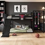 Abosbeet Twin Loft Bed with Basketball Hoop, Pull-Up Rings and Climbing Wall, Metal Loft Bed with Slide and Bookcase, Black