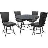 Pemberly Row 5-Piece Patio Dining Set, 42-Inch Round Metal Table, Dark Gray Fabric Cushions, Powder-Coated Gray Finish, Removable Machine Washable Seats, 360-Degree Swivel Chairs for Outdoor Dining