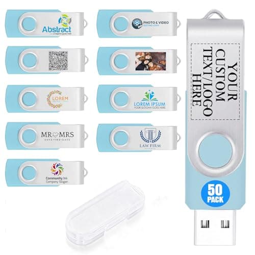 50 Pack 128MB Custom USB Flash Drives USB 2.0 with Case, Personalized Thumb Drives with Logo/Text/Image, Light Blue Bulk Customized Memory Sticks for Wedding, Business, Corporate Gifts