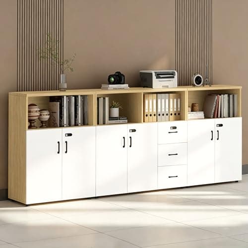 HSHBDDM File Cabinet with Password Lock, Wood Lateral Filing Cabinet for Letter/A4 Files, 3 Drawer with Door, Printer Stand with Open Shelves for Home Office