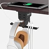 ALACOO Gaming Headphone Stand with Charging Station - Aluminum Hooks Headphone Holder, Under Desk Headset Stand, 3 USB & AC Outlet, Surge Protector & Cable Organizer, Gift for Girl/Men