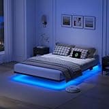 YORMDMO Floating Bed Frame Queen Size, Heavy Duty Bedframe with Smart LED Lights & Charging Station, Modern Metal Platform Bed, Easy Assembly No Box Spring Needed, 8 Inch