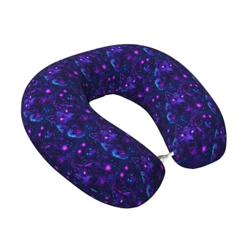 Neon Purple Wolf Print Travel Neck Pillow for Airplanes, Memory Foam Neck Pillow for Traveling/Sleeping, Travel Essentials Accessories for Women Men