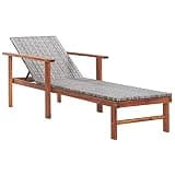 POUFGDR Poly Rattan Sun Lounger with Cushion, Solid Acacia Wood Frame, Gray Reclining Backrest for Patio Pool Garden