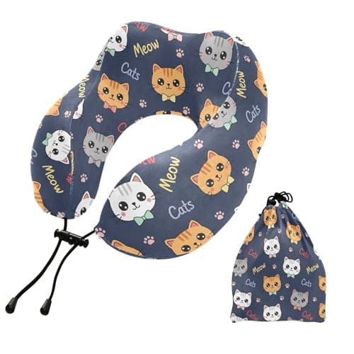 Burbuja Cats Neck Pillow for Traveling, Memory Foam Travel Pillow for Sleeping Airplane Car Head Support, Machine Washable & Portable
