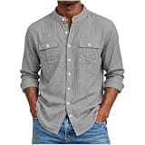 Lmdudan Men Linen Henley Shirt Button Front Long Sleeve Loose Fit Blouses Casual Lightweight Vacation Shirts with Pockets Dark Gray